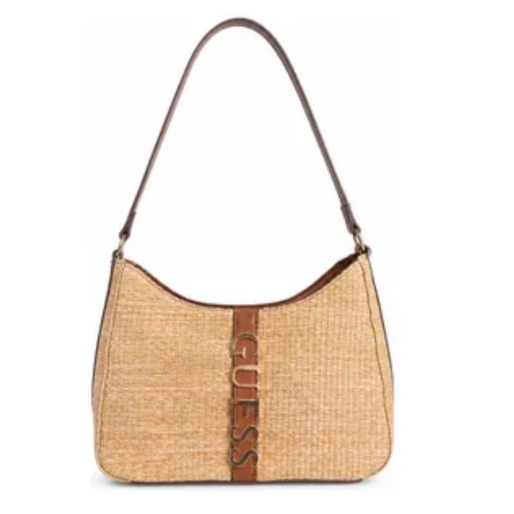 Guess Raffia Straw Shoulder Hobo Bag Silver Logo Guess Hardware Zip NWT